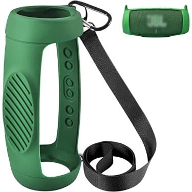 Imagem de Capa de silicone para caixa de som JBL Charge 5 à prova d'água portátil Bluetooth, gel protetor de viagem para pele macia, bolsa de borracha à prova d'água com alça de ombro e mosquetão - verde