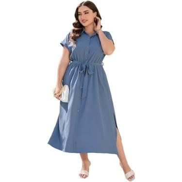 Imagem de KOJOOIN Vestidos maxi plus size para mulheres verão cinto de gravata trabalho vestido polo casual vestido de botão para baixo, Azul claro, 3G