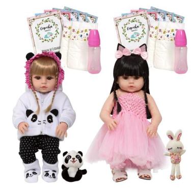 Imagem de 2 Boneca Reborn Realista Menina Pandinha Coelhinha 27 Itens - Cegonha 