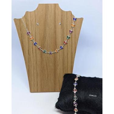 Imagem de Kit Conjunto Colar Choker e Pulseira com zircônias Cristais Borboletas