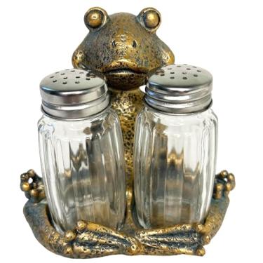 Imagem de Conjunto de sal e pimenta de sapo de ioga com agitadores de vidro – Estatueta de pose de lótus mestre zen meditando caprichosa – mesa de jantar, cozinha ou bar