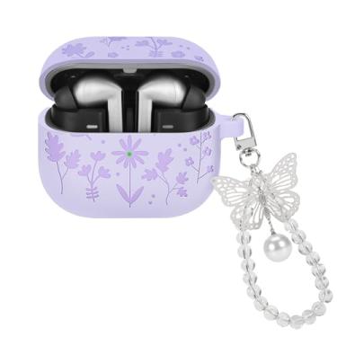 Imagem de CameCosy Capa para Samsung Galaxy Buds 3/Galaxy Buds 3 Pro com chaveiro de borboleta prateada, design exclusivo com gravação de relva de flor, macia, à prova de choque, capa premium - roxo