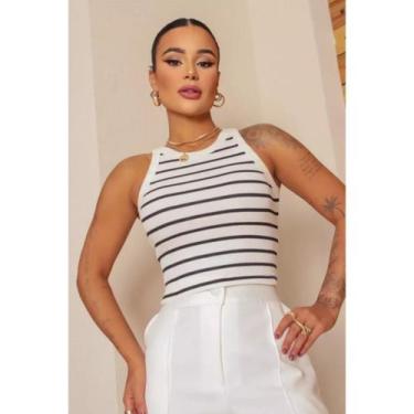 Imagem de Blusa Regata Canelada Nadador Feminina Listrada Ribana Blusinha Tendên