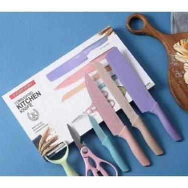 Imagem de Conjunto Facas Coloridas Tesoura Descascador Cozinha Gourmet - oem