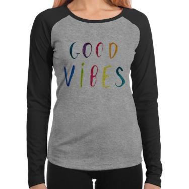 Imagem de Baby Look Raglan Good Vibes Cores Manga Longa - Foca na Moda, Cinza, P