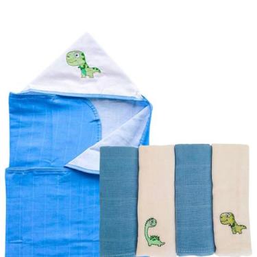 Imagem de Kit Enxoval 5 peças 1 Toalha Banho com Capuz e 4 Fralda Bordada Recém 