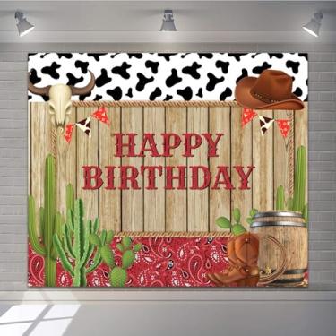 Imagem de Pano de fundo de aniversário de cowboy ocidental, 3 x 2 m, rodeio do oeste, branco e preto, botas florais com estampa de vaca, chapéu de cavalo e cacto rústico, cenário de parede de madeira, cenário
