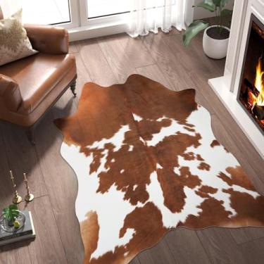 Imagem de SUNCOWLLY Tapete de pele de vaca com estampa de vaca tapete de couro sintético 12 x 14 cm, tapete com estampa animal, decoração de quarto ocidental, tapetes de vaca para sala de estar, quarto, sala de