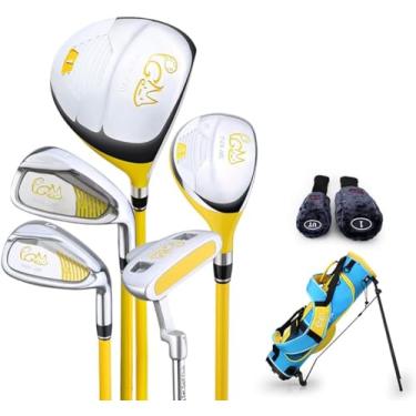Imagem de PGM Conjunto completo de taco de golfe júnior para crianças, 3-5 faixas etárias, 5 tacos de golfe com bolsa de suporte e 2 capas de cabeça para meninos e meninas, mão direita, amarelo