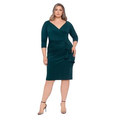 Imagem de Xscape Vestido feminino plus size midi gola V manga 3/4 franzido lateral, Caçador, 58
