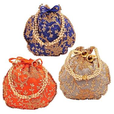 Imagem de Touchstone indiano bordado à mão presentes de compras florais joias casamento doce distribuição de pérolas falsas cordas cordão azul laranja cinza bolsa bolsa bolsa elegante (conjunto de 3) para mulheres.