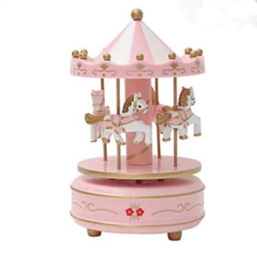 Imagem de Caixa de música vintage rosa de madeira carrossel de presente de Natal, cavalo, carrossel, carrossel, mecanismo mecânico, carrossel de laxúria, caixa de música