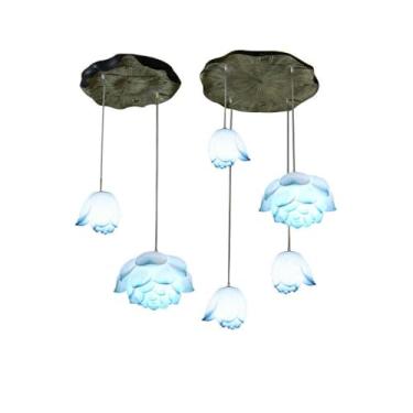Imagem de OUFULA Luminária pendente de lótus contemporânea chinesa retrô criatividade sala de estar restaurante quarto villa hotel decoração led lustre (Blue 6 lights)