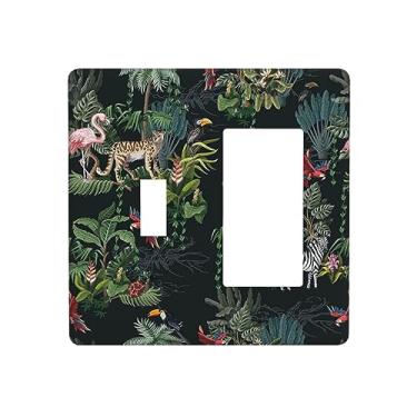 Imagem de Selva Selvagem Moderna Animais Tropicais 2 Gangs Interruptor Único Combinação Balancim Capa de Interruptor de Luz Floral Escuro Decorativo Placa de Parede Placa Elétrica para Decoração de Quarto Casa Cozinha