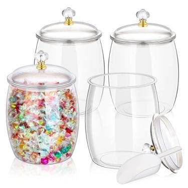 Imagem de mwellewm 4 peças potes de doces com tampas e colheres Recipiente de biscoitos de plástico transparente de 1/2 galão grande hermético organização de armazenamento de boticário lanche duro vas