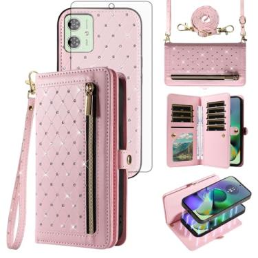 Imagem de Asuwish Capa de celular para Motorola Moto G54 5G com zíper carteira magnética destacável com protetor de tela de vidro temperado, alça transversal com glitter, flip e porta-cartão de crédito G 54