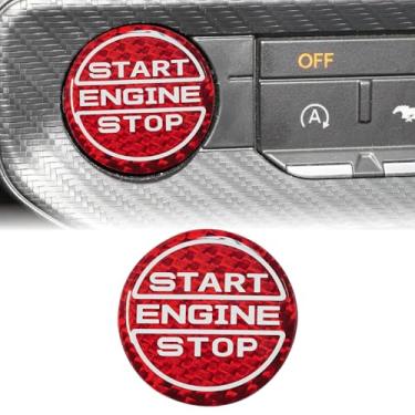 Imagem de BLAKAYA Compatível com adesivo de botão de parada de partida do motor de fibra de carbono capa de ignição interior acabamento de botão para Ford Mustang 2024 2025 (vermelho)