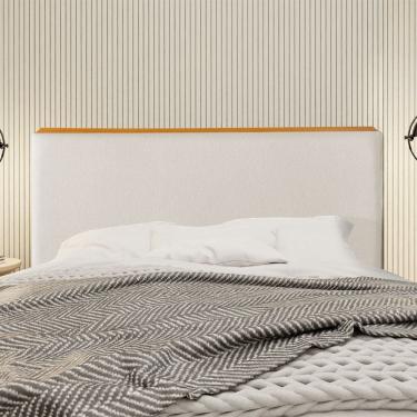 Imagem de Cabeceira Cama Box Queen 1,60m Estofada Detalhe em Madeira Java Linho Crú