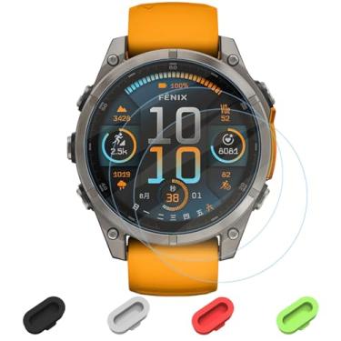 Imagem de Macolink Pacote com 3 protetores de tela compatíveis com Garmin Fenix 8 47 mm/Fenix E/Forerunner 935 Smartwatch + plugues de silicone antipoeira, vidro temperado antiarranhões, sem bolhas
