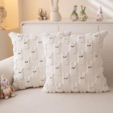Imagem de JXZYGMD Capas de almofada de Páscoa 45,7 x 45,7 cm, conjunto de 2 almofadas de pelúcia brancas fofas de coelho macio para decoração de quarto, sofá, decoração de casa