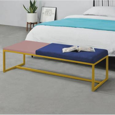 Imagem de Calçadeira Recamier Londres 195cm Industrial Dourado Corino Azul Marinho Tampo Quadrado mdf Rose - Ahz Móveis