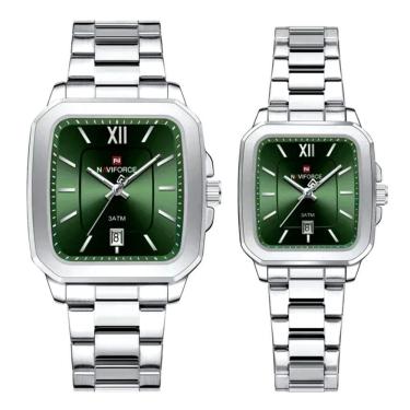 Imagem de Relogios De Pulso Analógico Conjunto De Casal Em Aço Inoxidavel Design Quadrado Impermeavel Verde