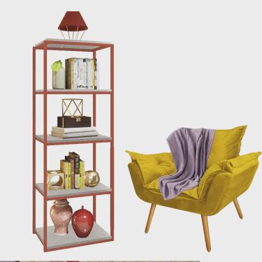 Imagem de Kit Poltrona Fatte com Manta Soft Lilás e Estante Livreiro Ferro Bronze mdf Marmorizado Cinza Suede Amarelo - Ahz Móveis