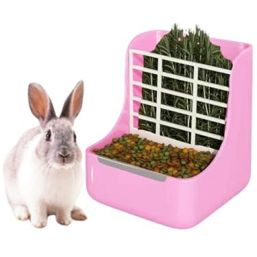 Imagem de Alimentador de feno de coelho 2 em 1, suporte duplo para ração de coelho, suprimentos de comida de grama para chinchilas, porquinho-da-índia, hamsters (rosa)