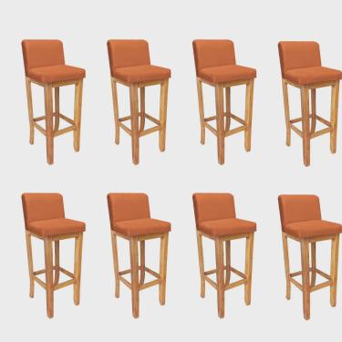 Imagem de Kit 08 Banqueta Alta Com Encosto Aila Balcão Bistrô Base Madeira Maciça Corino Laranja - Ahz Móveis