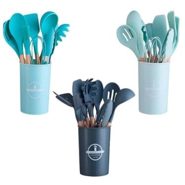 Imagem de Jogo de Cozinha Kit com 5 pcs ou/ 12 Peças de Silicone, Utensílios e Copo Suporte Cabo de Madeira(12-Peça-Verde//Chumbo)