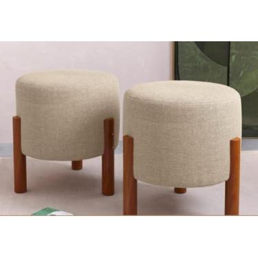 Imagem de kit 2 puff redondo tecido linho cor Bege, luxuoso decorativo charme, com pés de madeira