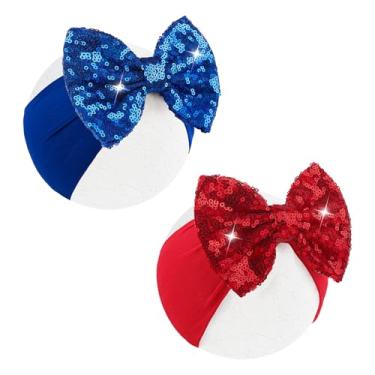 Imagem de Lanmerry Arcos de cabelo para meninas, 4 de julho, vermelho, azul, lantejoulas, laços grandes, patrióticos, policiais, glitter, arcos, acessórios de cabelo infantil