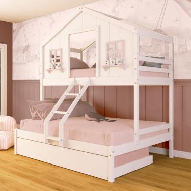 Imagem de Treliche Casal/ Solteiro Casinha dos Sonhos Madeira Maciça Branco/ Rosa Megamobilia