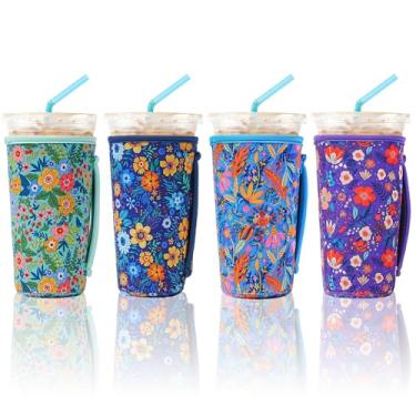 Imagem de KJQJLY 4 Pack Iced Coffee Sleeve,reusable Neoprene Cup Sleeves Suitable For Beverage Sleeves For Hot And Cold Coffee Or Ice Drink Coffee cup sleeve for Starbucks coffee cup (Floral, 30-32OZ)