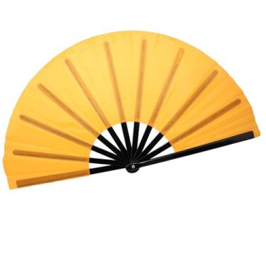 Imagem de QIRMIZI Grande leque dobrável de mão - Fãs de tecido de nylon - Fãs retrô vintage para kung fu chinês japonês, tai chi, dança, festivais de música, festas e decorações, laranja