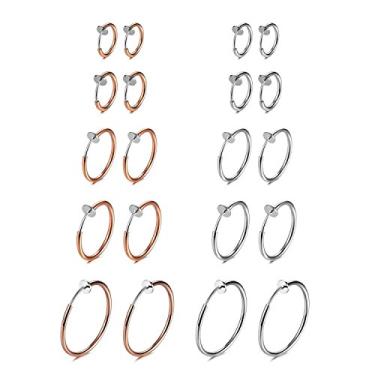 Imagem de Evevil Brincos de argola com clipe de nariz falso para mulheres, anel de septo de lábio sintético, brincos de argola sem fim, lóbulos masculinos (10 pares, 13 mm-25 mm, preto, prata, ouro, ouro rosa),