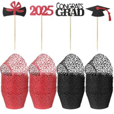 Imagem de Honeydak Conjunto de embalagem para assar graduação 2025 com 120 unidades, 60 peças artísticas de cupcake para assar bolo, copos de papel, forro de renda com corte a laser e 60 peças de topo de bolo