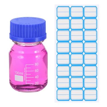 Imagem de PATIKIL Garrafas redondas de armazenamento de mídia, garrafas redondas graduadas de vidro espesso de 100 ml com tampa de rosca azul GL45 para líquidos reagentes de água de laboratório, transparente
