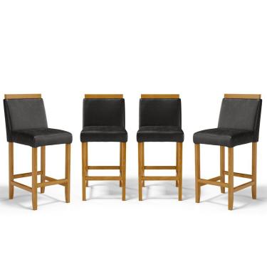 Imagem de Kit Com 4 Banquetas Eloá Madeira Maciça Assento Estofado Para Bancada Courino Preto 503