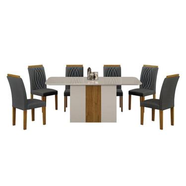 Imagem de Mesa de Jantar Doha 160x80 Off White Freijó Decor Off com 6 Cadeiras Freijó Joli Chumbo - Leifer Móveis