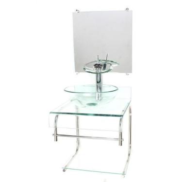 Imagem de Gabinete de vidro 40cm para banheiro curvado duplo inox cuba redonda i