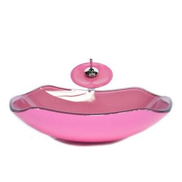 Imagem de Cuba de vidro abaulada 51cm rosa + valvula + torneira cascata - Cubas 