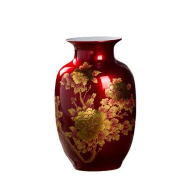 Imagem de Vaso vermelho oriental vasos de flores de cerâmica decorados com design de peônia para decoração de sala de estar em casa e casamento