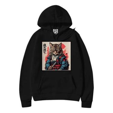Imagem de Blusa Moletom Gato Japonês Samurai Com Espada Capuz E Bolso - Core Bas