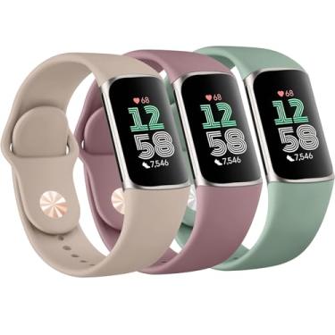 Imagem de Amzpas Pulseiras para Fitbit Charge 6 para mulheres e homens, pacote com 3, pulseira esportiva de silicone macio ajustável à prova d'água para Fitbit Charge 5 (luz das estrelas + chá de leite +