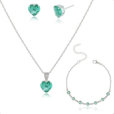 Imagem de Kit Semijoia Banhado Prata 925 com Pulseira, Colar e Brinco Coração Verde Turmalina