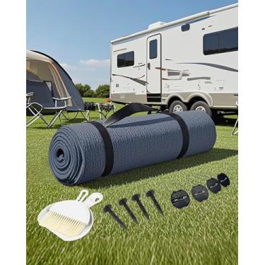 Imagem de FoundGo Tapete de toldo HDPE para acampamento ao ar livre com ilhós, pregos, vassoura, para trailer, pátio, quintal, piquenique, praia, trailer 2,74 x 5,49 m - azul cinza