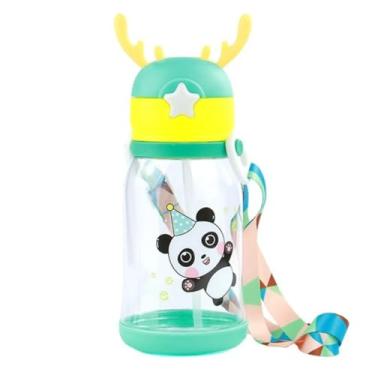 Imagem de Garrafa Infantil Squeeze com Canudo 600ml à Prova de Vazamentos, Tampa Alce com Alça (Verde)