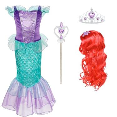 Imagem de Wizland Fantasia de sereia para meninas pequenas com peruca coroa varinha 3