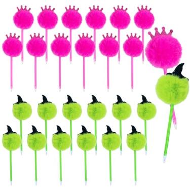 Imagem de LUOHECAM 24 canetas esferográficas de princesa e bruxa, lembrancinhas de festa, rosa e verde, incluindo 12 chapéus de bruxa e 12 canetas pompom fofas para meninas, amizade, escritório, escola, artigos